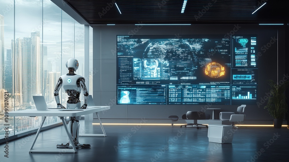 Poster picture an office space where an ai assistant is organizing a virtual workspace. virtual desktops ar