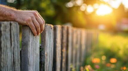 Obraz premium Hand Resting on Wooden Fence at Sunset in a Serene Landscape