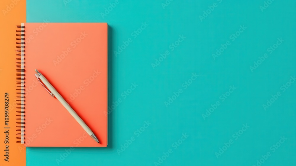Aufkleber a vibrant orange notebook and a pen on a teal background, creating a minimalistic and colorful works