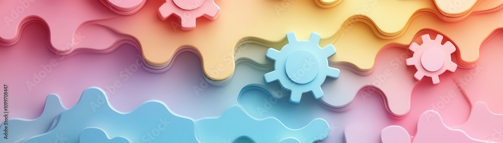 Poster a colorful abstract background featuring layered wavy shapes and gear-like elements, creating a dyna