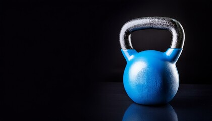 Blue kettlebell on a black background, copy space
