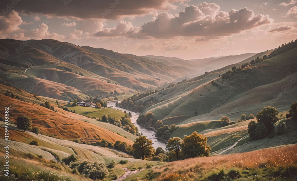 Poster valley with a river running through it. the valley is surrounded by hills and trees. the sky is clou