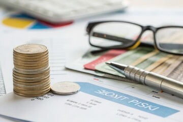 Fototapeta premium Coins are stacked alongside credit cards and financial documents in an office workspace.