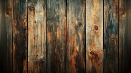 Obraz premium Rustic wooden texture showcasing distinct planks with prominent cracks and knots, featuring rich brown tones and natural weathered patterns.