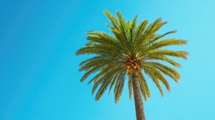 Fototapeta premium Palm tree with vibrant green leaves reaching up against a clear blue sky, embodying a serene and minimalist nature aesthetic.