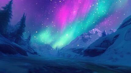 Obraz premium A vibrant aurora borealis dancing across the night sky above a serene, icy landscape, with green and pink lights reflecting on snow