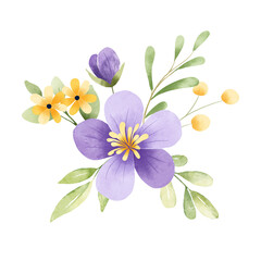 Flowers and leaves watercolor, floral clipart. Bouquet perfectly for printing design on invitation, card, poster, wall art and other. Isolated on white background. Hand painting.