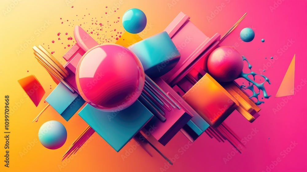 Poster a vibrant explosion of geometric shapes in bright colors, overlapping and interplaying against a sof