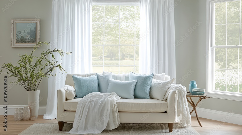 Poster simple white curtains with a hint of pastel blue, softly accenting the room with a clean and fresh l