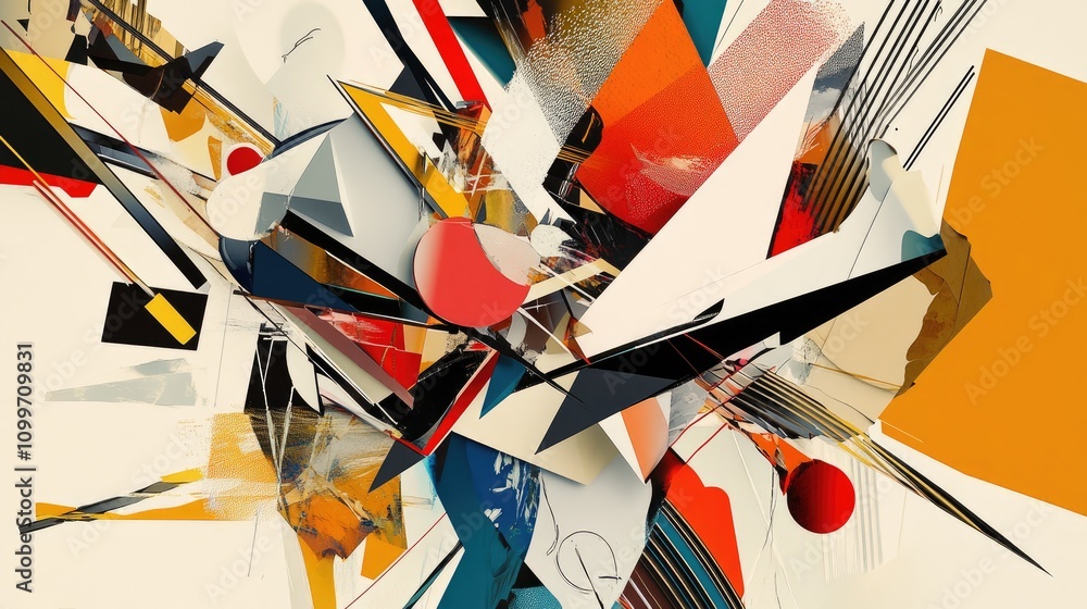 Poster a vibrant explosion of geometric shapes in bright colors, overlapping and interplaying against a sof