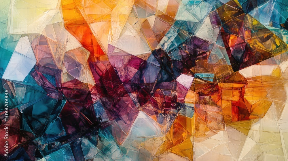 Poster a vibrant explosion of geometric shapes in bright colors, overlapping and interplaying against a sof