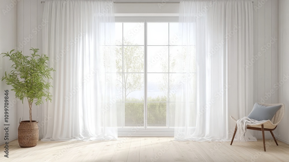 Poster simple white curtains with a hint of pastel blue, softly accenting the room with a clean and fresh l
