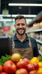 Fototapeta premium Friendly supermarket worker smiles at camera. Staff member stands behind fresh produce display. Fruit, vegetables displayed neatly. Worker wears apron. Inside supermarket. Positive customer service