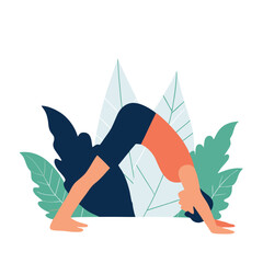 Woman practicing yoga. Vector illustration in flat cartoon style. Girl in a downward facing dog pose.