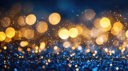 Shimmering golden bokeh lights on a deep blue background creating a magical atmosphere ideal for festive celebrations and holiday-themed designs.