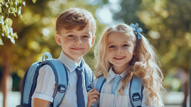 Portrait of smiling schoolchildren with backpacks outdoors in sunlight