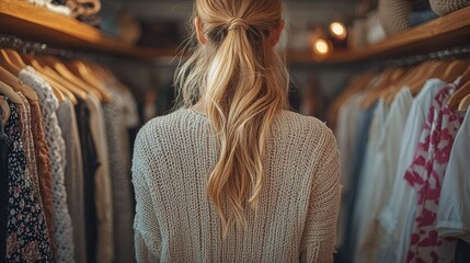 Fototapeta premium Woman Staring at Clothing Rack in Cozy Boutique Environment