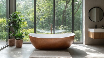 Modern bathroom featuring a freestanding copper bathtub with large windows opening to a lush green...