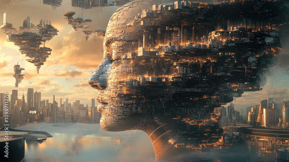 Poster the creation process of ai as layers of information, each level refining and focusing data into prec