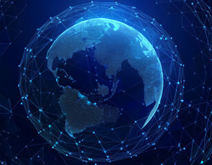 Naklejka premium Floating blue plexus geometric. Blue futuristic background with planet Earth shape