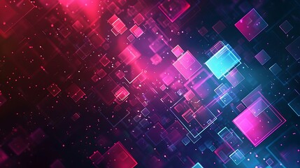 Obraz premium A vibrant abstract background featuring colorful squares and glowing particles, ideal for digital design and tech themes.