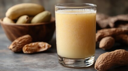 Tamarind juice in a clear glass with a smooth consistency, surrounded by fresh tamarind pods and dried shells on a neutral table setting.