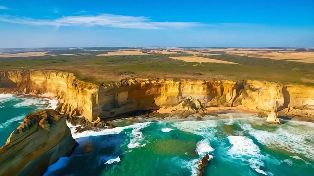 Bird's-eye view of the rugged Shipwreck Coast along the Great Ocean Road in Victoria, Australia, a renowned highlight of Port Campbell National Park. REAL PHOTO ANIMATED BY AI