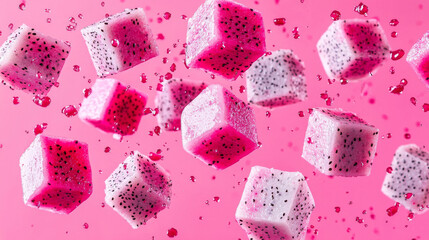 Fresh dragon fruit cubes flying in air against vibrant pink background