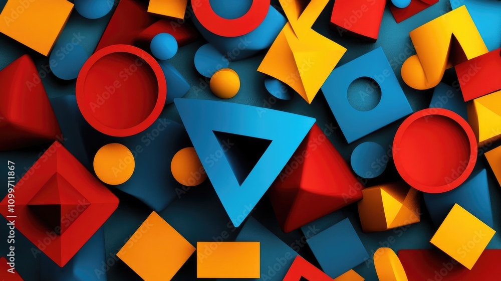 Poster abstract 3d geometric shapes in vibrant colors, floating in space with soft shadows, creating a play
