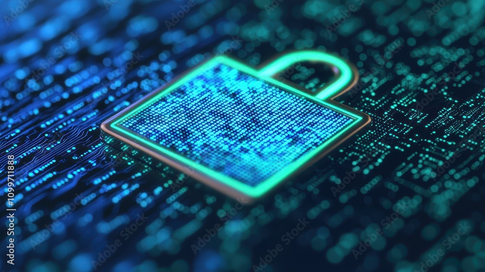 Poster digital lock symbol on data matrix background in blue and green