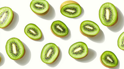 Fresh kiwi slices arranged in flat pattern on light background