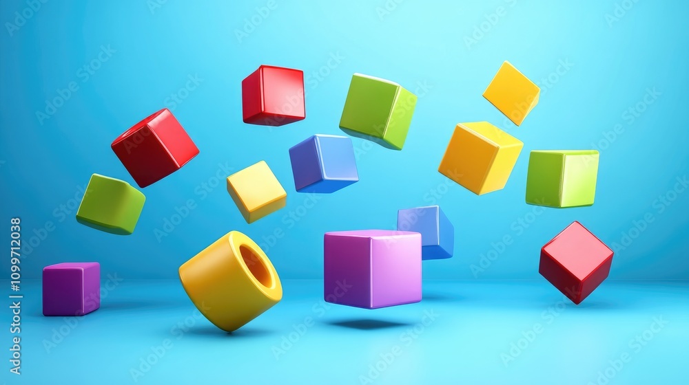 Poster abstract 3d geometric shapes in vibrant colors, floating in space with soft shadows, creating a play