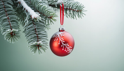 A vibrant red ornament hanging from a frosty evergreen branch, placed on the right side