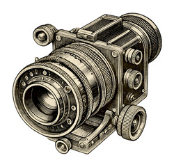 Vintage camera illustration, classic engraving of a retro camera with detailed sketch, isolated on transparent background. Black and white PNG