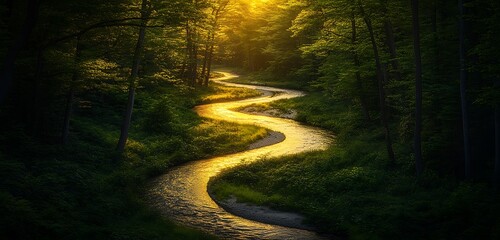 Obraz premium A serene river winding through a dense forest with golden sunlight streaming through