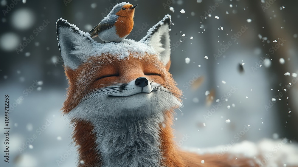 Poster visualize a charming winter moment as a red fox with its eyes closed and a soft smile holds still wh