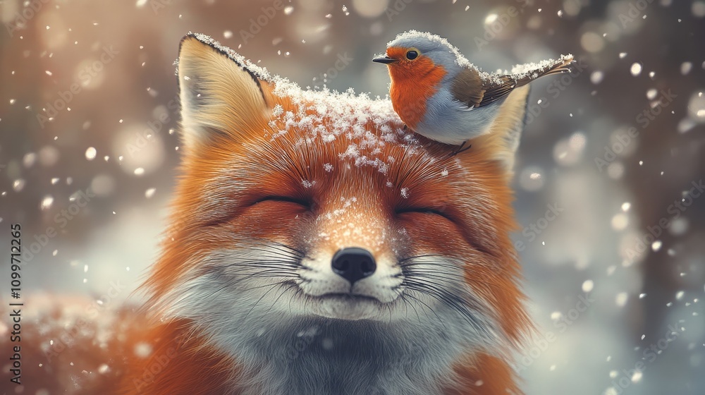 Poster visualize a charming winter moment as a red fox with its eyes closed and a soft smile holds still wh
