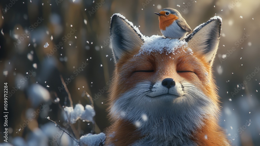 Poster visualize a charming winter moment as a red fox with its eyes closed and a soft smile holds still wh