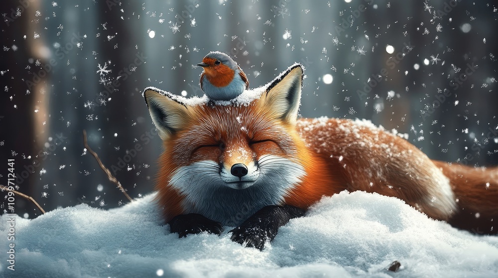 Poster visualize a charming winter moment as a red fox with its eyes closed and a soft smile holds still wh