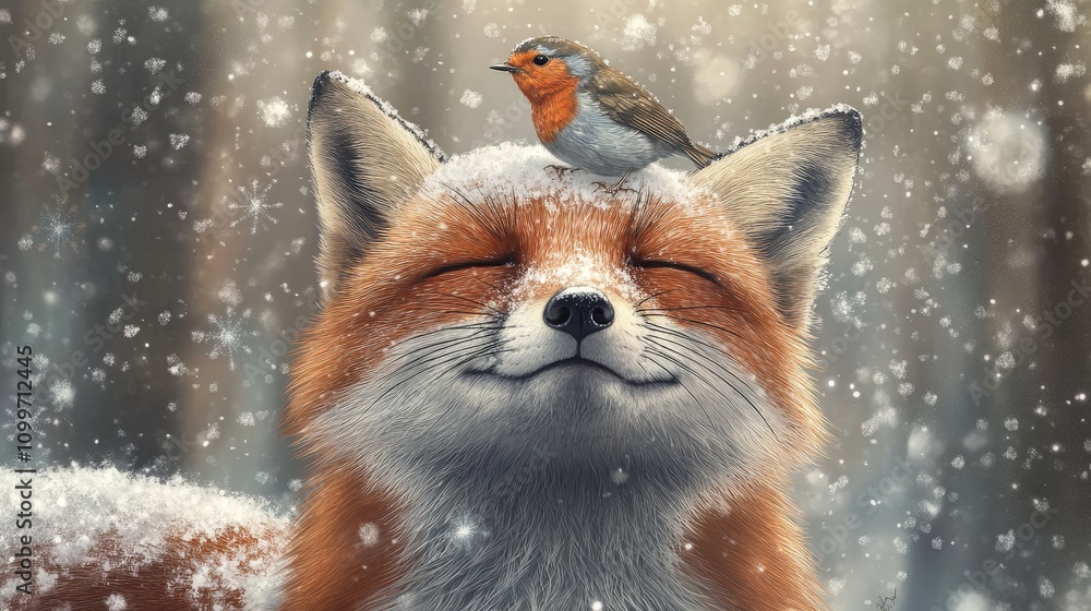 Poster visualize a charming winter moment as a red fox with its eyes closed and a soft smile holds still wh