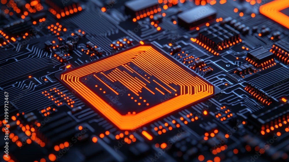 Poster close-up view of a futuristic circuit board with glowing elements
