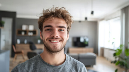 Fototapeta premium Cheerful young man smiling indoors in a bright modern home