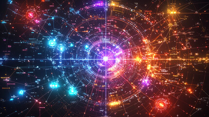 Obraz premium Abstract digital artwork depicting a complex network with glowing nodes interconnected lines and data streams Vibrant colors and circular patterns dominate the futuristic design