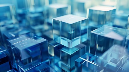 Obraz premium A close-up view of translucent blue cubes arranged in a dynamic pattern, creating an abstract, modern aesthetic.