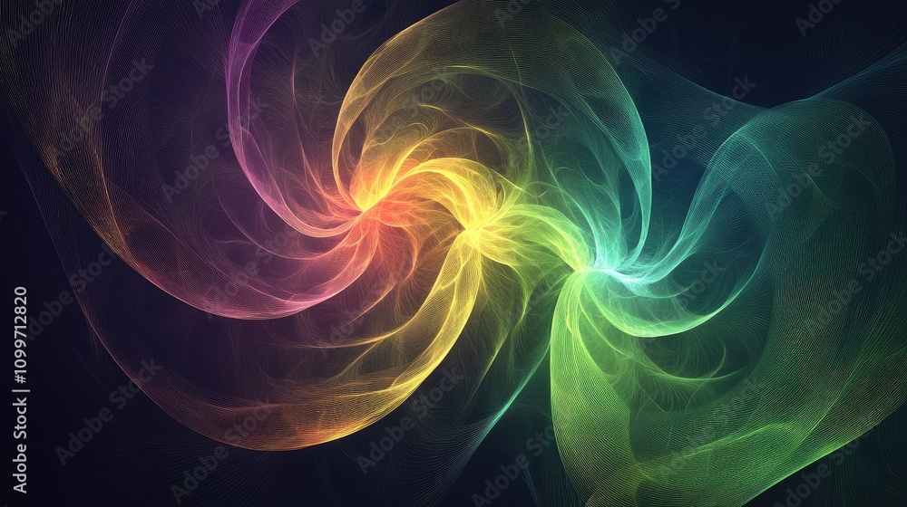 Poster abstract circular gradient graphics, layered with translucent colors on a dark surface, creating an 