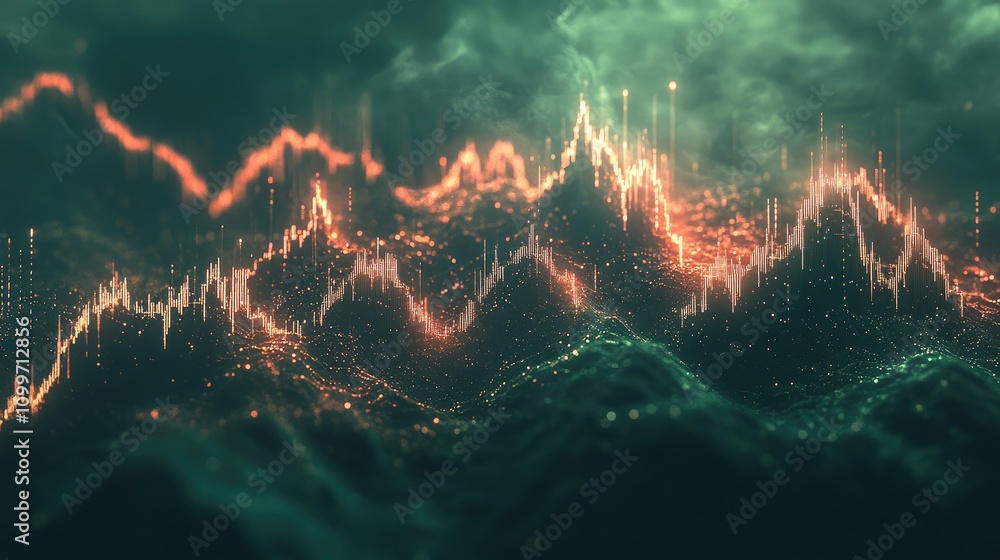 Poster abstract financial line chart with glowing points marking data peaks and drops, set against a dark b