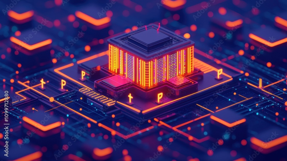 Poster abstract neon circuit board with bright data center visualization