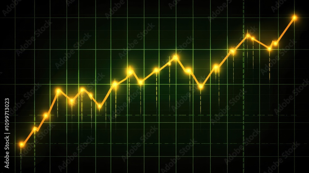 Poster abstract financial line graph with glowing points marking highs and lows on a dark grid background, 