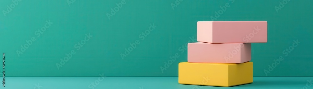 Poster a stack of colorful boxes in pink and yellow against a teal background, creating a vibrant and moder