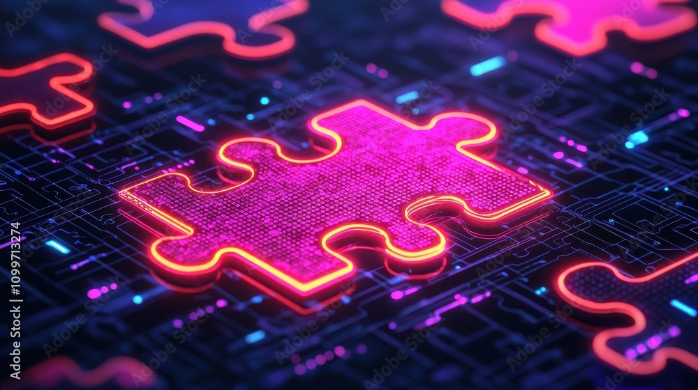 Poster neon puzzle piece on digital background with circuit pattern